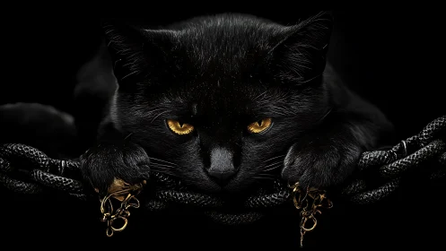 Black Feline with Golden Eyes and Ornamental Chain Embellishment