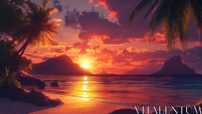 Sunset hush over a glowing tropical island shoreline.