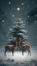 Snowy Christmas forest scene with two reindeer kissing.