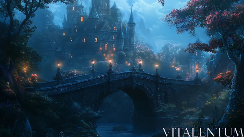 Enchanted riverside castle glows beneath a misty blue moon.