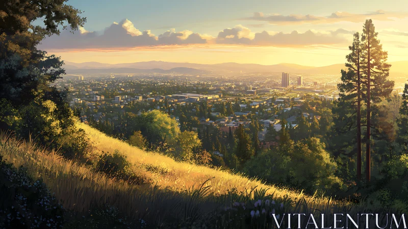 Sunlit hillside overlook above expansive modern cityscape.