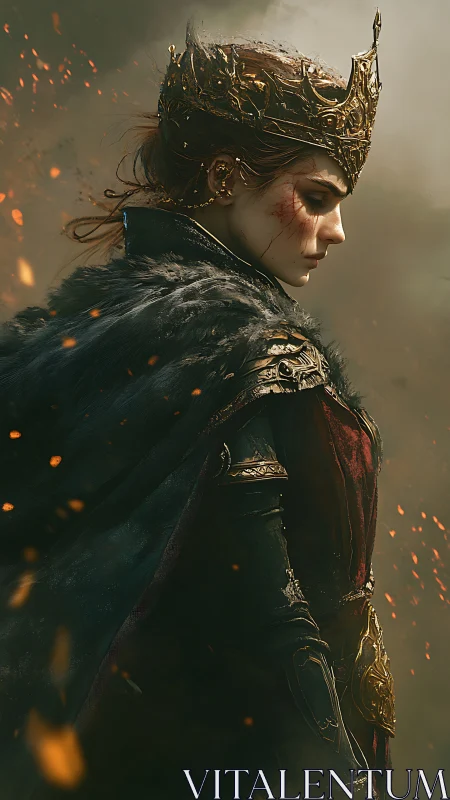 Scarred warrior queen stands amid drifting embers of battle