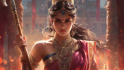 Regal warrior princess rendered with dramatic rim lighting and jeweled detail