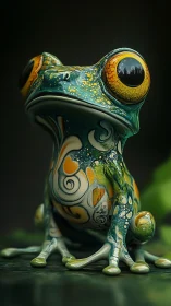 Whimsical forest frog with glossy eyes and swirling colors.