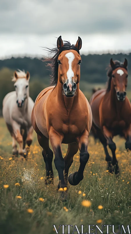 Galloping horses crossing wildflower field under clouds.