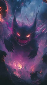 Digital painting of a demonic spectral cat in molten nebula storm.