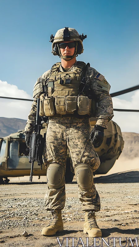 Modern soldier in full combat gear on desert airfield.