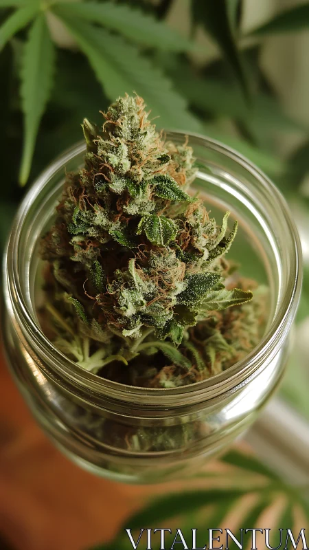 Cannabis bud stored in glass jar with leaf background.