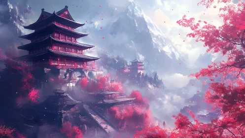 Crimson mountain temple complex amid drifting mist.