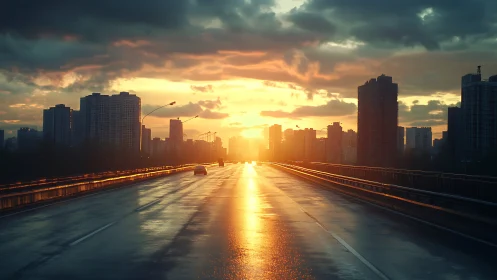 Sunlit urban highway at sunset between tall city blocks.