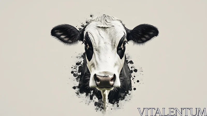 High-contrast Holstein cow portrait with splatter-edged negative space