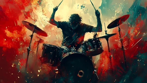 Silhouetted drummer pounds a fiery kit in explosive color frenzy