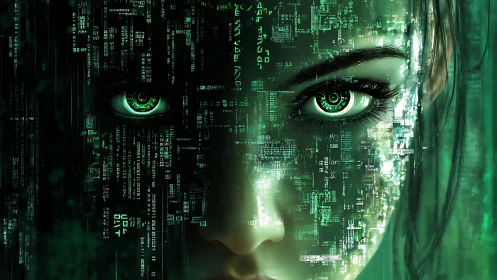 Female cyborg face merges with green digital code matrix