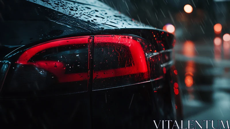 Rear LED tail light in night rain with reflective water droplets