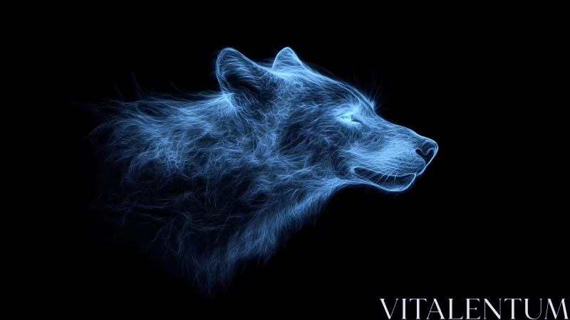 Electric blue wolf head digital art on black background, glowing lines.