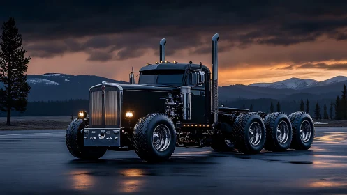 Photorealistic six-axle black semi truck at dusk in mountains.