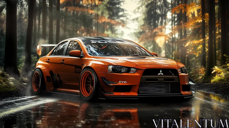 Fiery orange tuner car glides confidently through a misty forest road