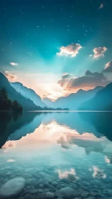 Mountain lake at sunrise with reflective still water surface.