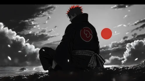 Backlit anime warrior silhouette contrasts red sun and emblem