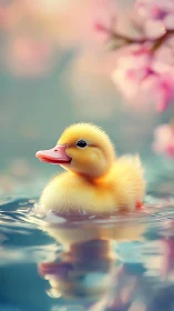 Cute yellow duckling swimming in soft pastel water scene.