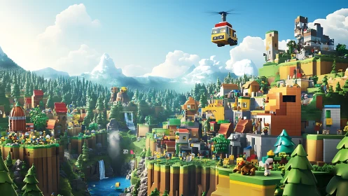 Colorful blocky valley town wakes up under bright mountain skies