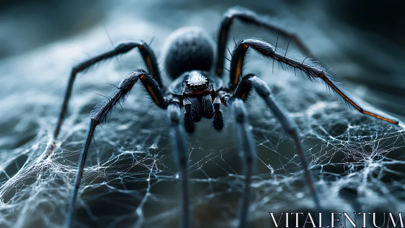 Spider occupies intricate web structure in detailed close-up