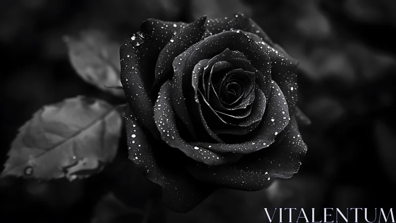 Velvet midnight rose glistens with rainlit silver secrets.