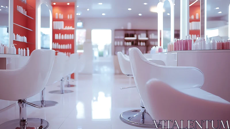 Modern hair salon interior shows aligned chairs and shelving