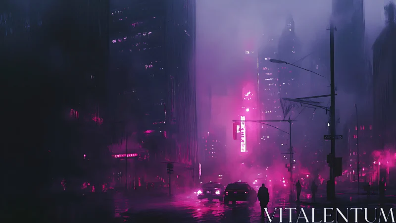 Foggy neon city street with silhouettes and car traffic.