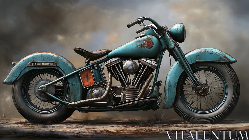 Weathered teal vintage motorcycle rendered in photoreal detail