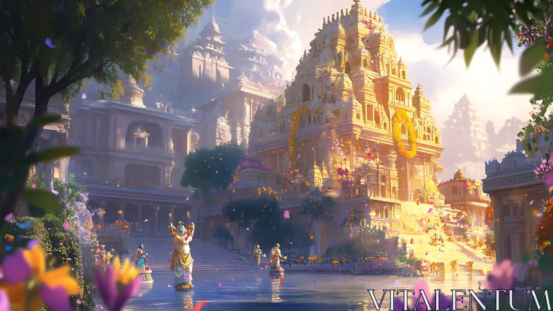 Sunlit temple complex rises above reflective water courtyard