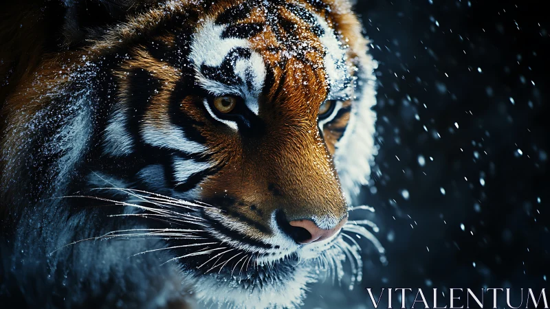 Snow-dusted tiger in side profile under dramatic low-key lighting
