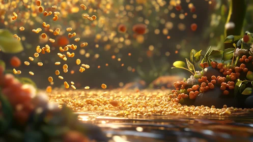 Golden cereal river sparkles under dreamy morning light