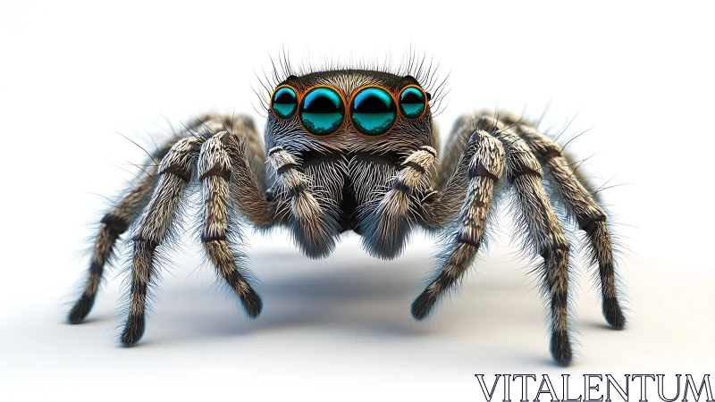 3D macro portrait of iridescent jumping spider on white ground.