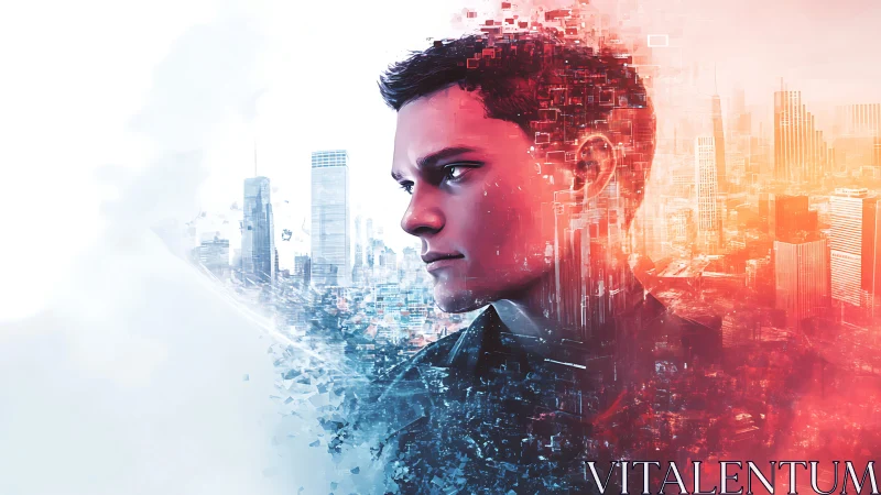 Digital portrait of man over blue to red city gradient background