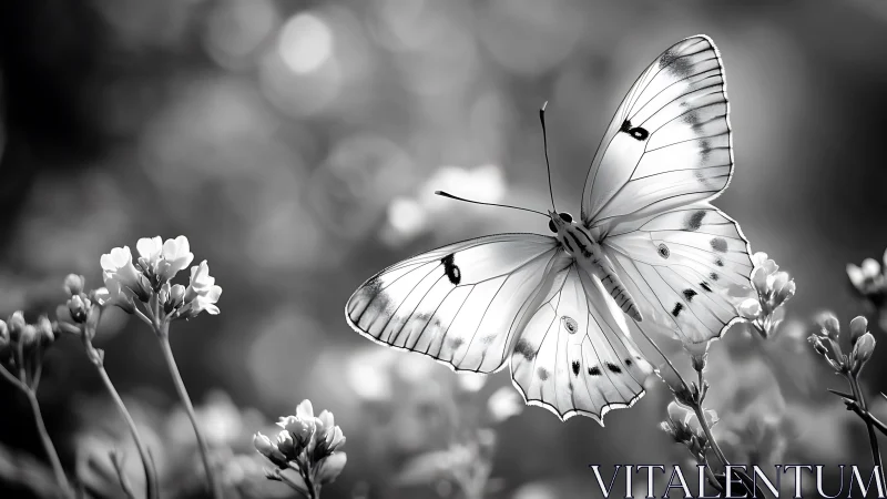 Monochrome lepidopteran macro with high-bokeh floral field.