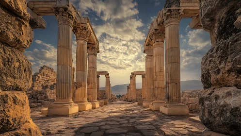 Ancient stone colonnade glows softly in warm evening light.