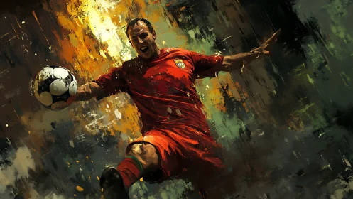 Dynamic soccer striker in motion with abstract brushwork.