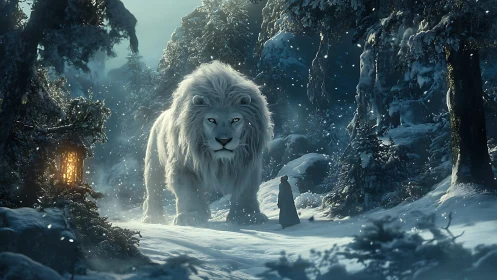 Colossal white lion meeting cloaked wanderer in frozen forest.