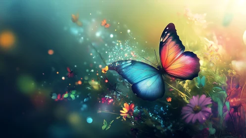 Butterfly with multicolored wings over stylized floral field.