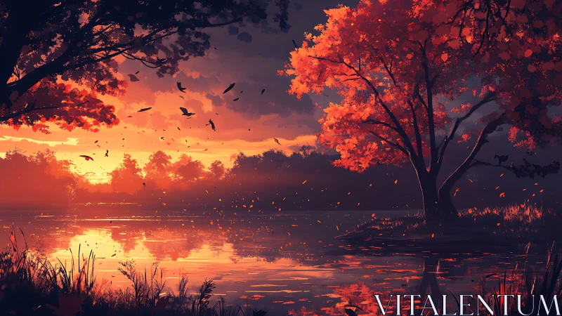 Fiery autumn lakeside sunset beneath crimson foliage.