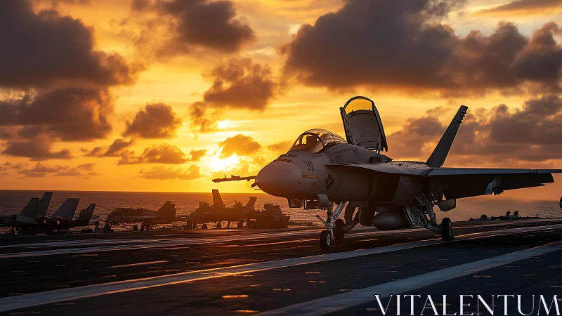 Carrier-based fighter jet under vivid ocean sunset sky.