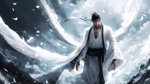 Dynamic anime warrior in storm-swept celestial composition.