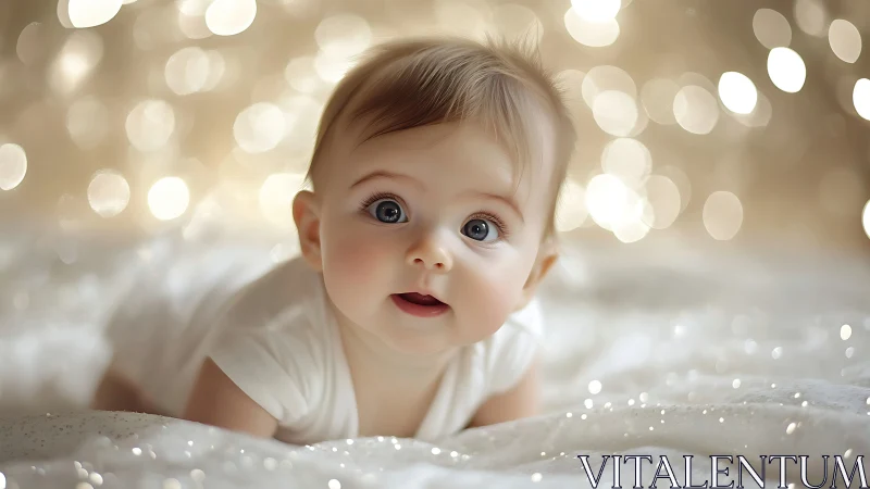 Joyful infant crawling with sparkling bokeh lights. Radiant moment captured.