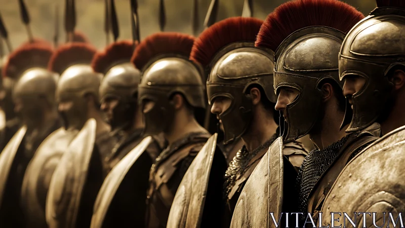 Row of armored soldiers stands in formation with helmets