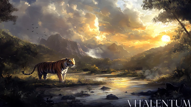 Tiger standing by river in dramatic golden sunset landscape.
