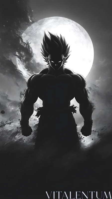 Monochrome anime warrior silhouette against full moon backlight