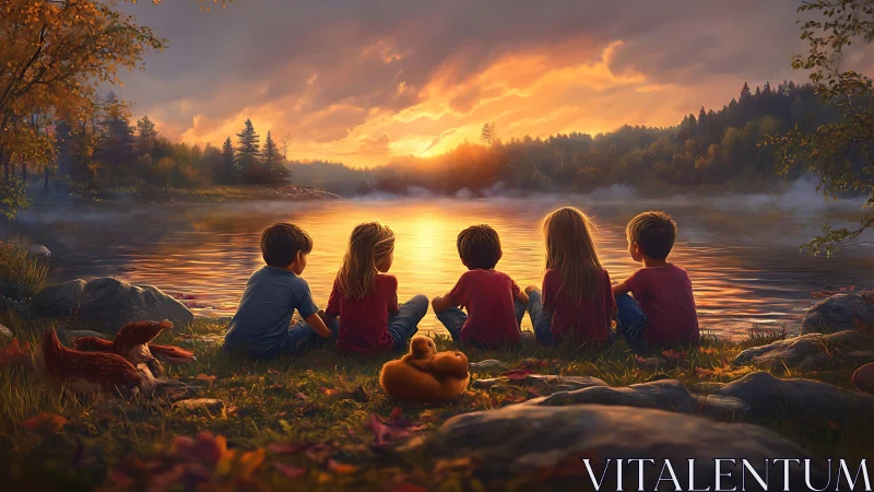 Five Children Watching Sunrise Over Misty River Landscape