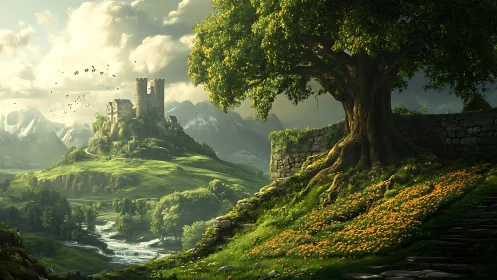 Luminous valley citadel and monumental tree in dynamic light.