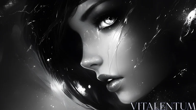 Monochrome ethereal portrait with luminous reflective gaze.